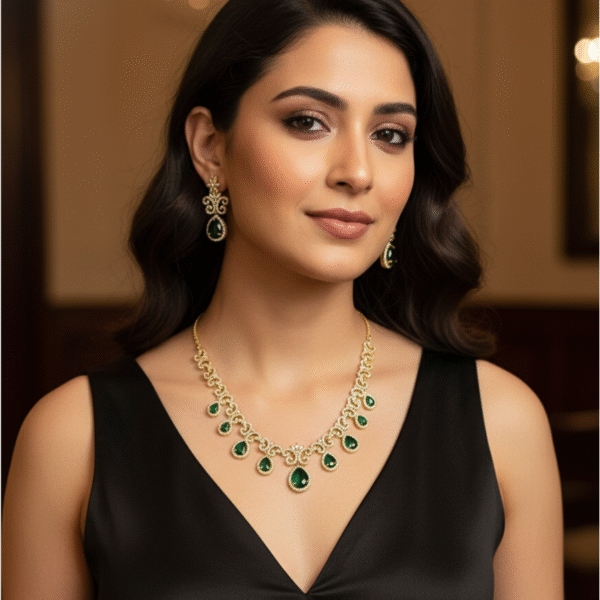 Elegant American Diamond Necklace Set with Green Stones + Suprise Gift