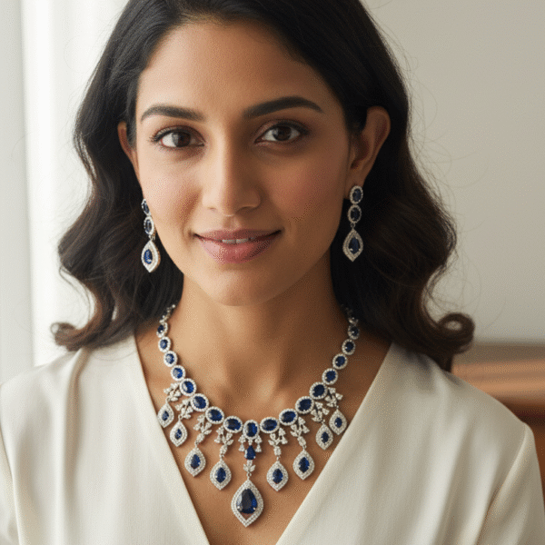 Elegant American Diamond Necklace Set with Royal Blue Stones + Suprise Gift